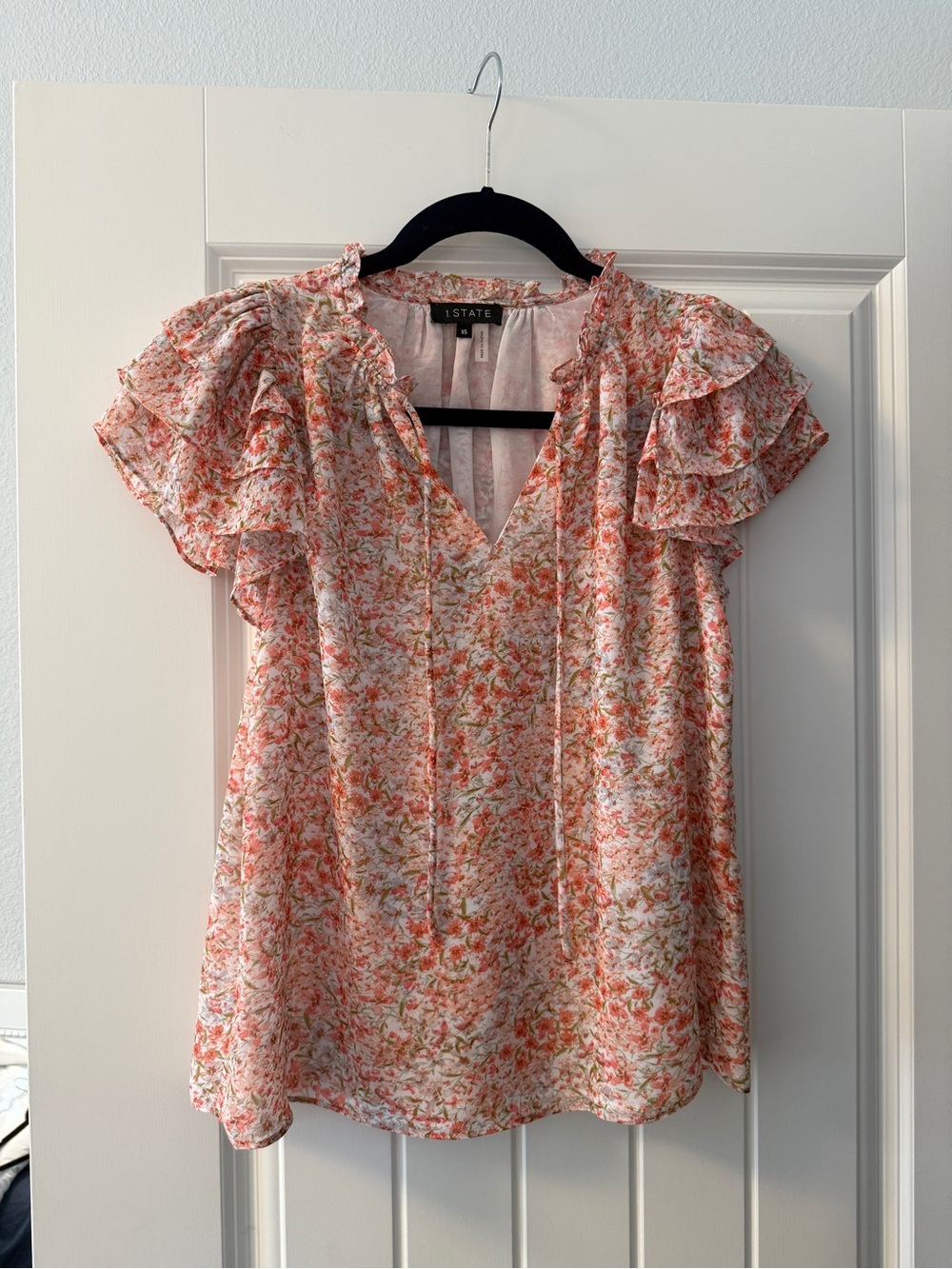 1. State Coral and White Floral Ruffle Sleeve V-Neck Blouse